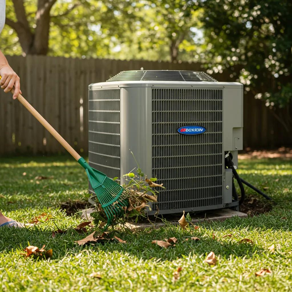 Homeowner clearing debris around an outdoor AC unit in a sunny environment