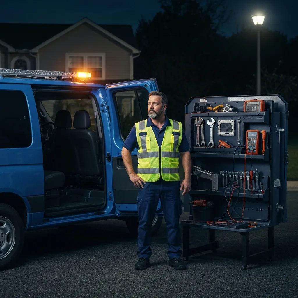 HVAC technician responding to emergency heating service call, showcasing urgency and professionalism