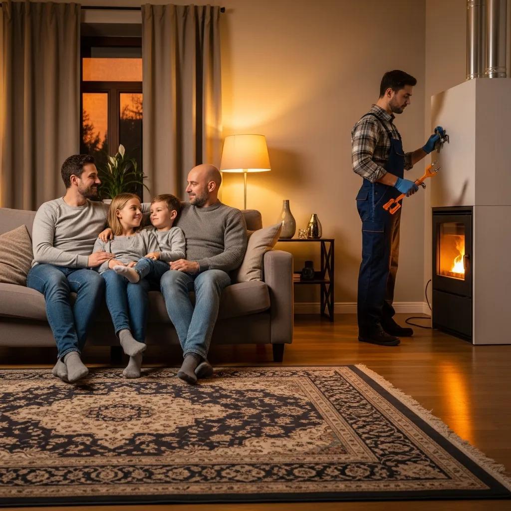 Family enjoying warmth in a cozy living room while a technician inspects the furnace
