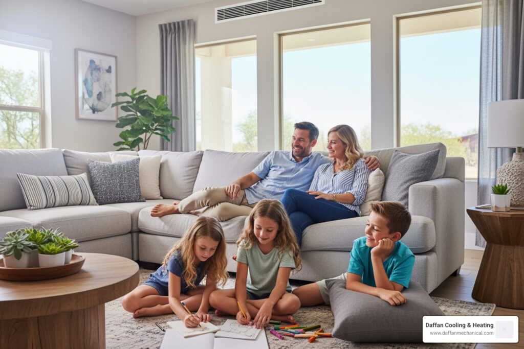 comfortable Texas family relaxing in cool air conditioned home - AC service checklist